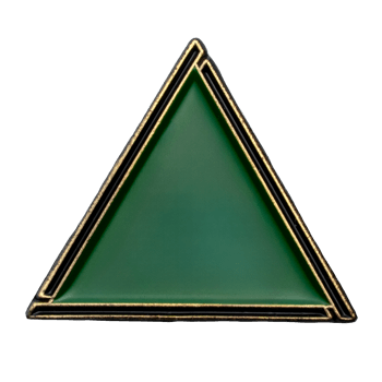 Triangular lapel pin with green enamel fill and antique gold finish metal borders.