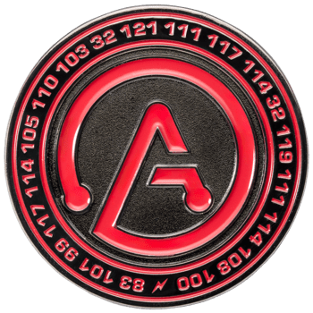 Circular coin with a red stylized letter A in the center, surrounded by red numeric sequences on a black border.