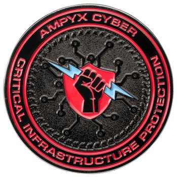 Circular black and red challenge coin featuring the Ampyx Cyber logo with a fist holding a lightning bolt over a red shield and circuit board pattern.