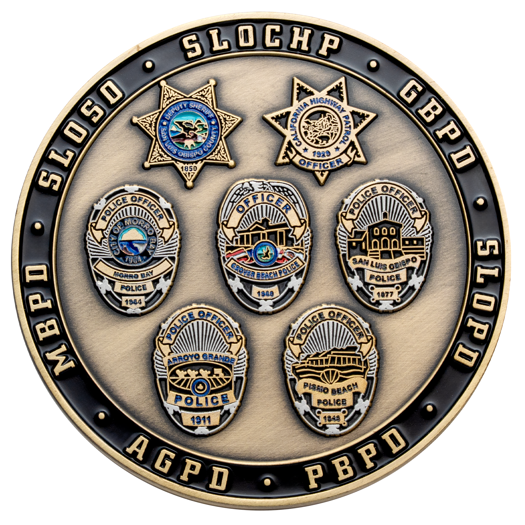 Antique gold challenge coin featuring seven different California law enforcement badges and agency acronyms on a black outer ring.
