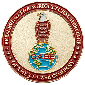 Gold and red challenge coin featuring a bald eagle perched on a globe with CASE text and Agricultural Heritage lettering.