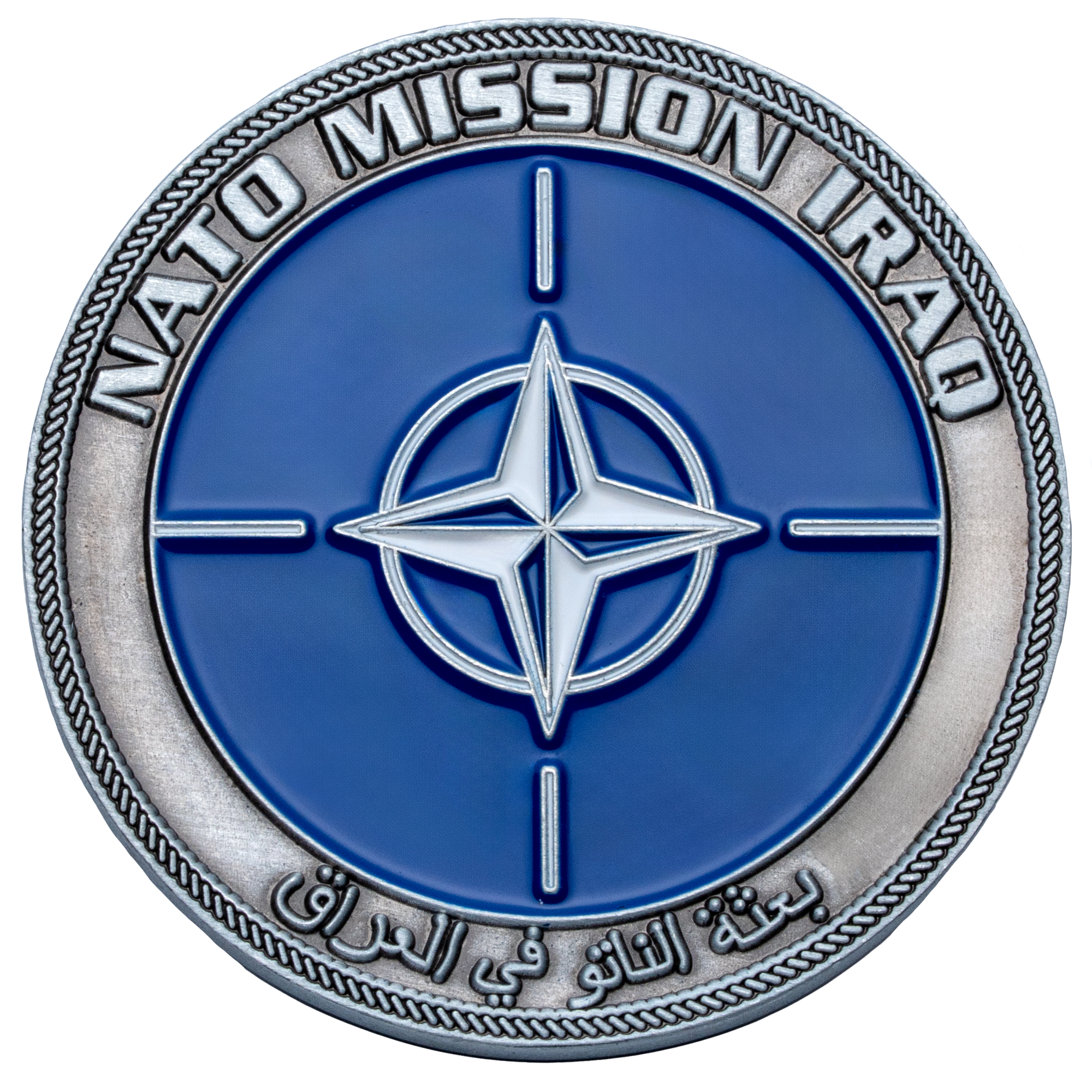 NATO Mission Iraq challenge coin featuring the blue NATO compass rose emblem and Arabic script on an antiqued silver border.