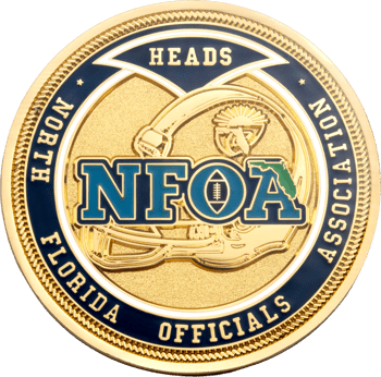 Gold challenge coin featuring North Florida Officials Association NFOA emblem with football helmet design