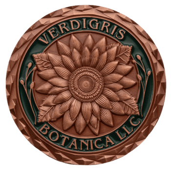 Circular copper medallion featuring a detailed sunflower center, green recessed accents, and the text Verdigris Botanica LLC with a diamond-cut textured edge.