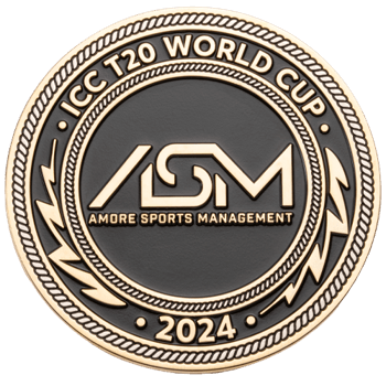 Gold and black circular challenge coin for Amore Sports Management and ICC T20 World Cup 2024 with rope border and lightning bolt details.