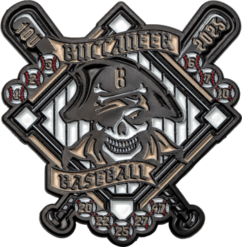 Shield-shaped lapel pin featuring a pirate skull, crossed bats, and baseballs with numbers and the text Buccaneer Baseball 2025.
