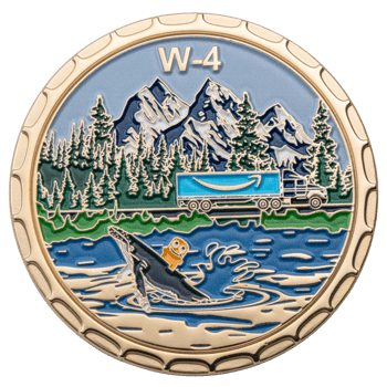 Gold challenge coin with 'W-4' text, featuring an Amazon semi-truck, a breaching whale, and Peccy mascot in front of mountains and trees.