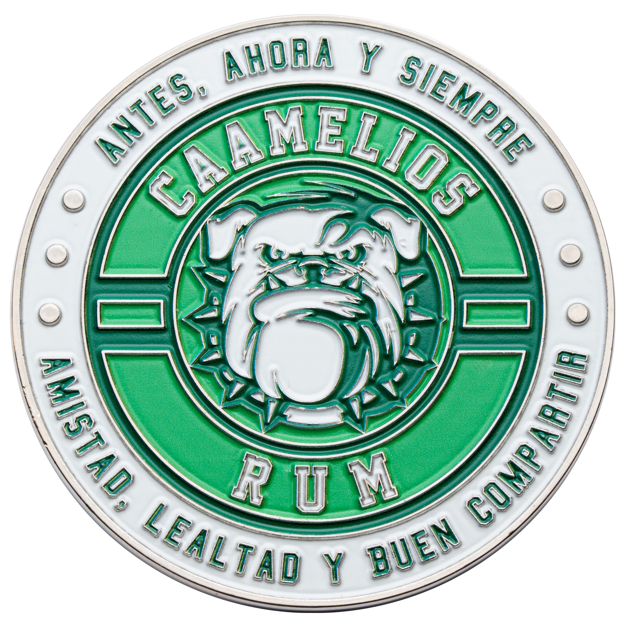 Green and white round challenge coin featuring a bulldog mascot, the text Caamelios Rum, and Spanish inscriptions.