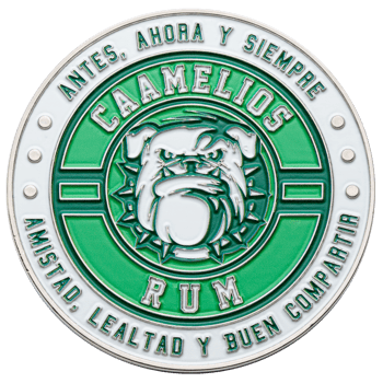 Green and white round challenge coin featuring a bulldog mascot, the text Caamelios Rum, and Spanish inscriptions.