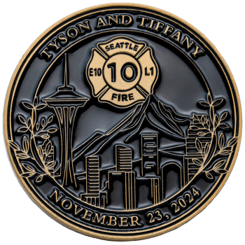Antique gold and black challenge coin featuring the Seattle skyline, Space Needle, and a fire department Maltese cross for Tyson and Tiffany.