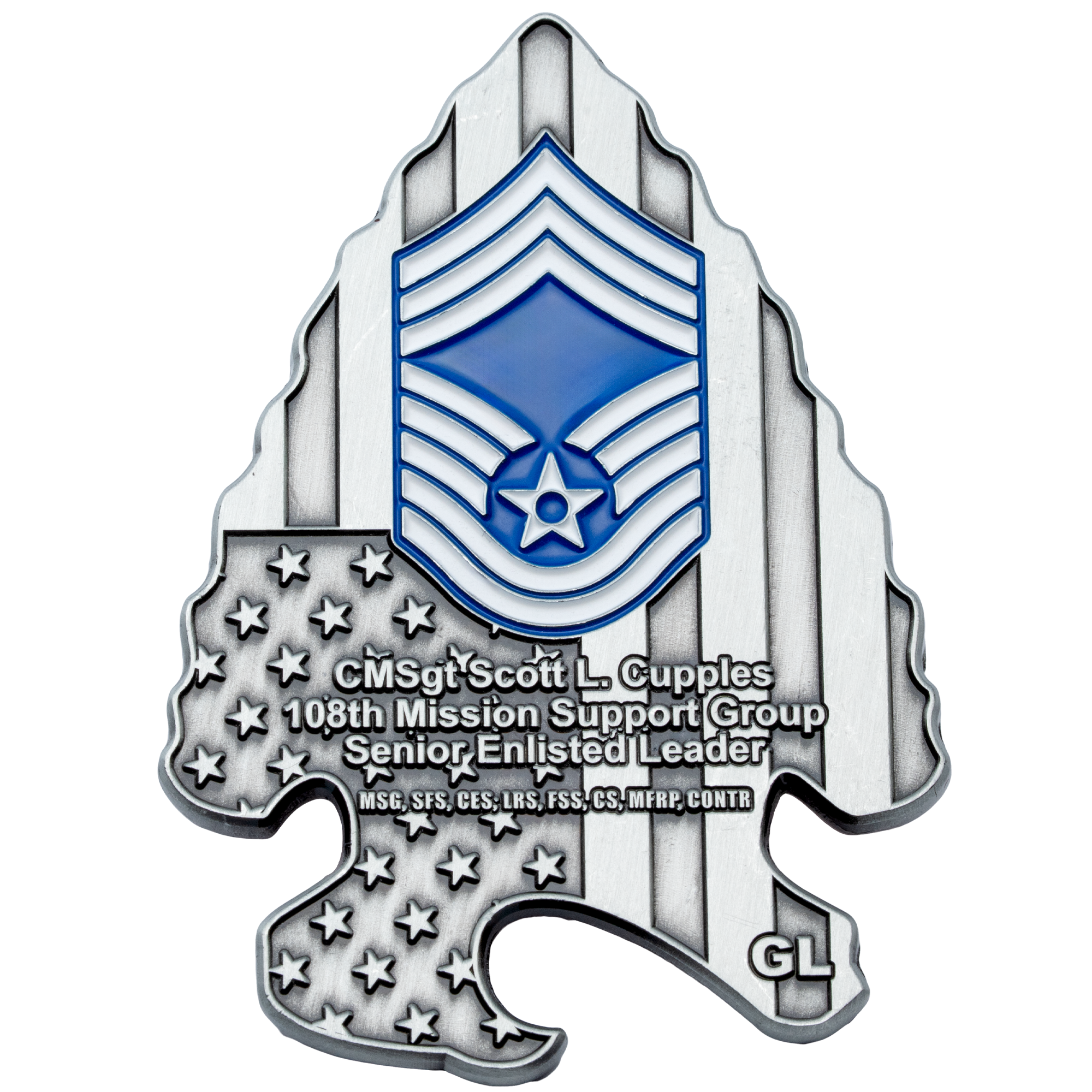 Arrowhead-shaped challenge coin featuring the 108th Mission Support Group emblem, a blue Master Sergeant rank, and an American flag pattern in antiqued silver.