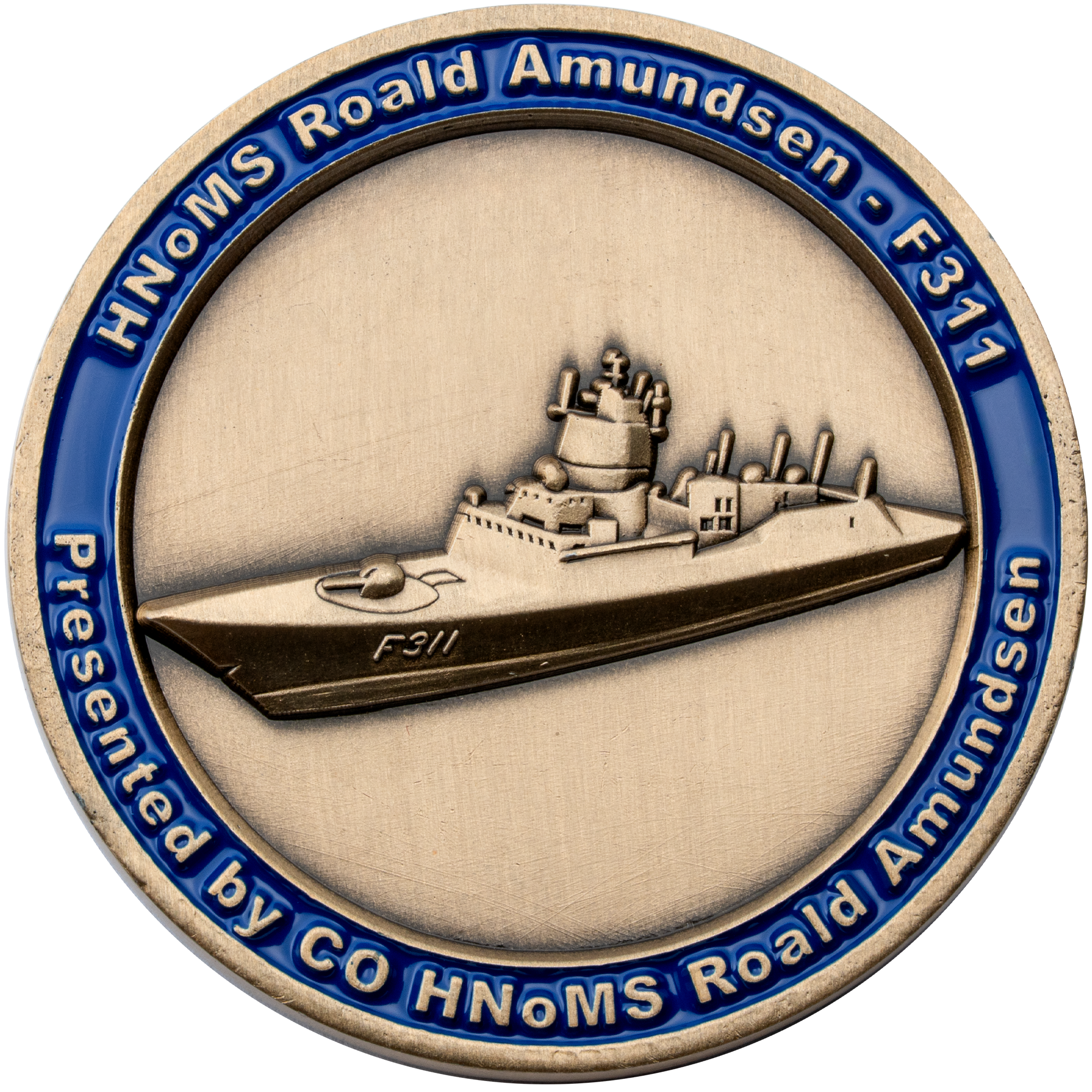 Antique bronze challenge coin featuring the HNoMS Roald Amundsen F311 naval frigate with a blue enamel border.