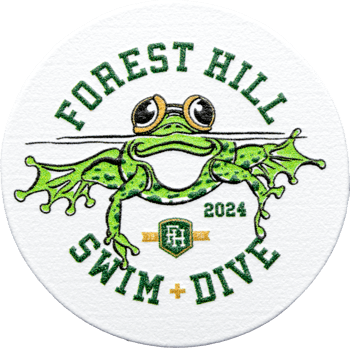 Forest Hill Swim + Dive round coaster featuring a green swimming frog mascot and 2024 crest.