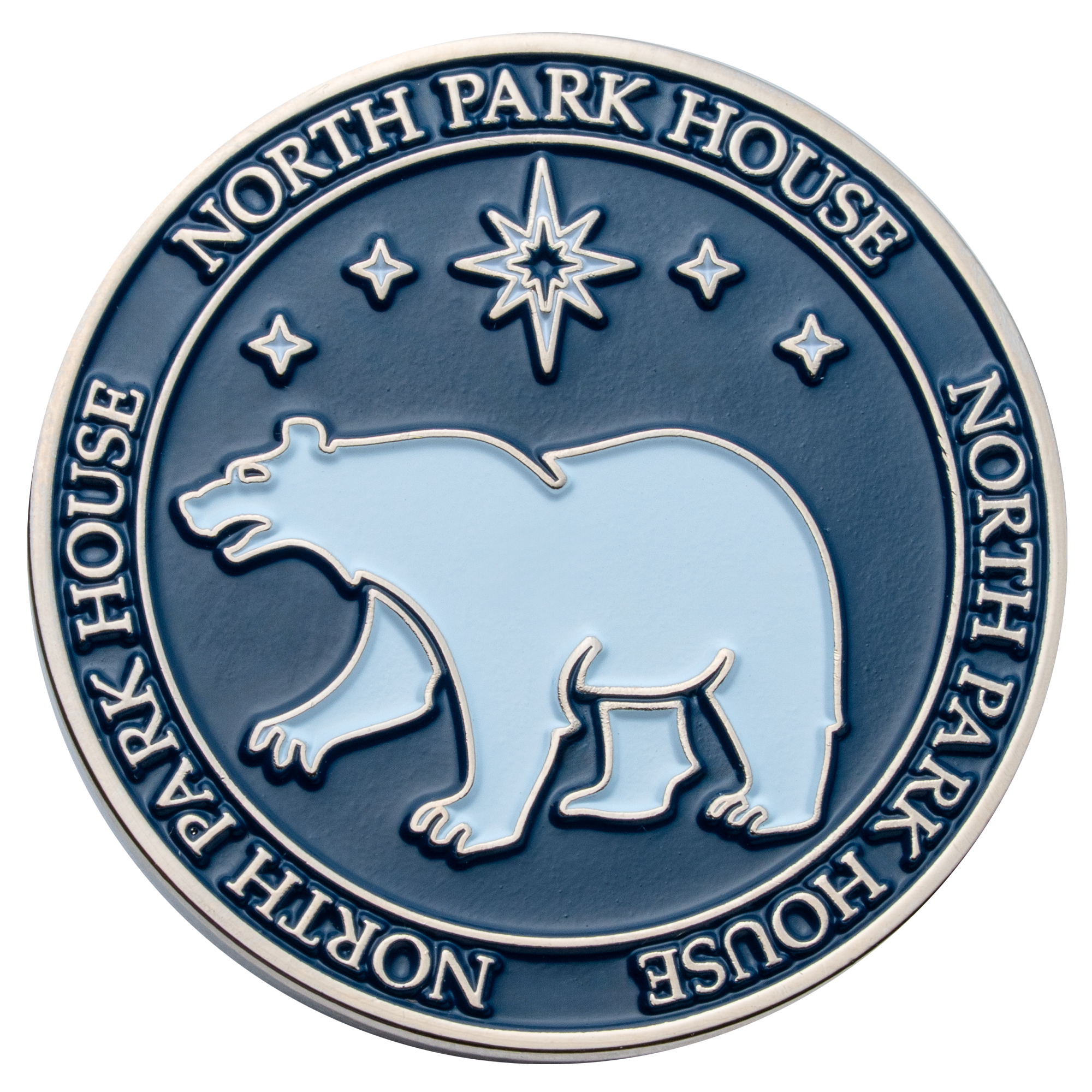 Round North Park House challenge coin featuring a light blue polar bear and stars on a dark blue enamel background with silver trim.
