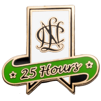 Custom lapel pin featuring a white rectangle with a black NLC monogram and a green banner reading 25 Hours with stars.