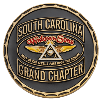 Circular brass and black enamel coin featuring South Carolina Widows Sons Grand Chapter text with a winged triangle and eye emblem.