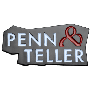 Irregularly shaped lapel pin featuring Penn & Teller text in white enamel with a red ampersand on a black background.