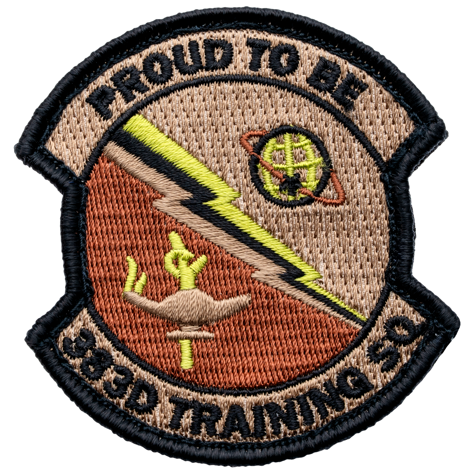 Embroidered 333D Training SQ patch featuring a lightning bolt, lamp, and orbital globe on a tan and orange background.