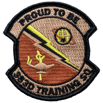 Embroidered 333D Training SQ patch featuring a lightning bolt, lamp, and orbital globe on a tan and orange background.