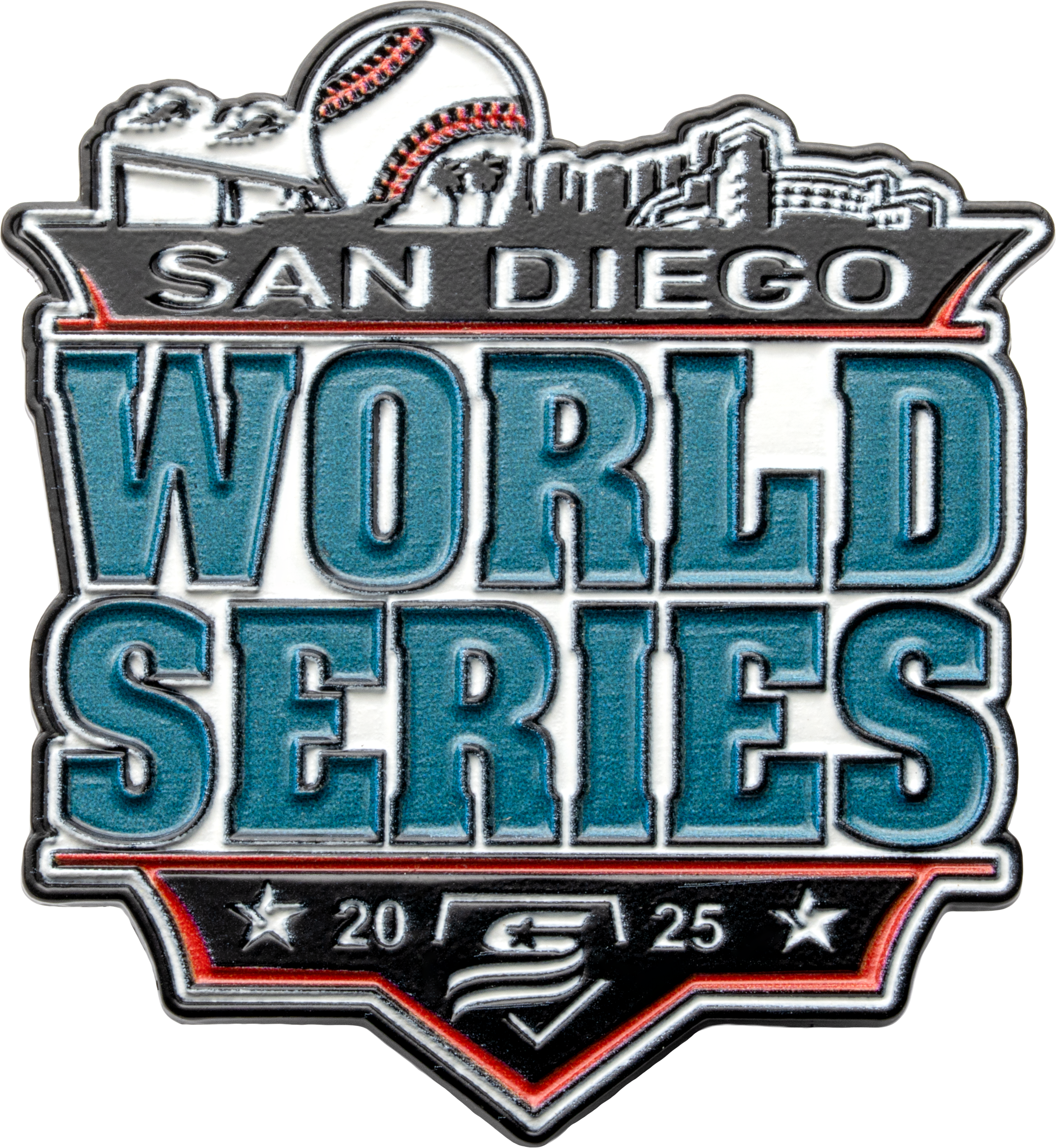 Enamel lapel pin for the 2025 San Diego World Series featuring a baseball, skyline, and teal lettering on a black and white background.
