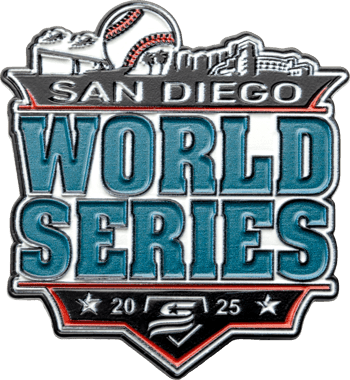 Enamel lapel pin for the 2025 San Diego World Series featuring a baseball, skyline, and teal lettering on a black and white background.