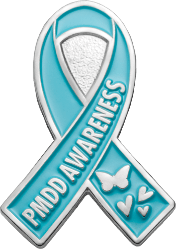Teal awareness ribbon lapel pin with PMDD Awareness text, a butterfly, and hearts.