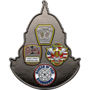 Shield shaped challenge coin featuring multiple Harrisburg fire department emblems including Bureau of Fire and Squad 8 eagle designs.