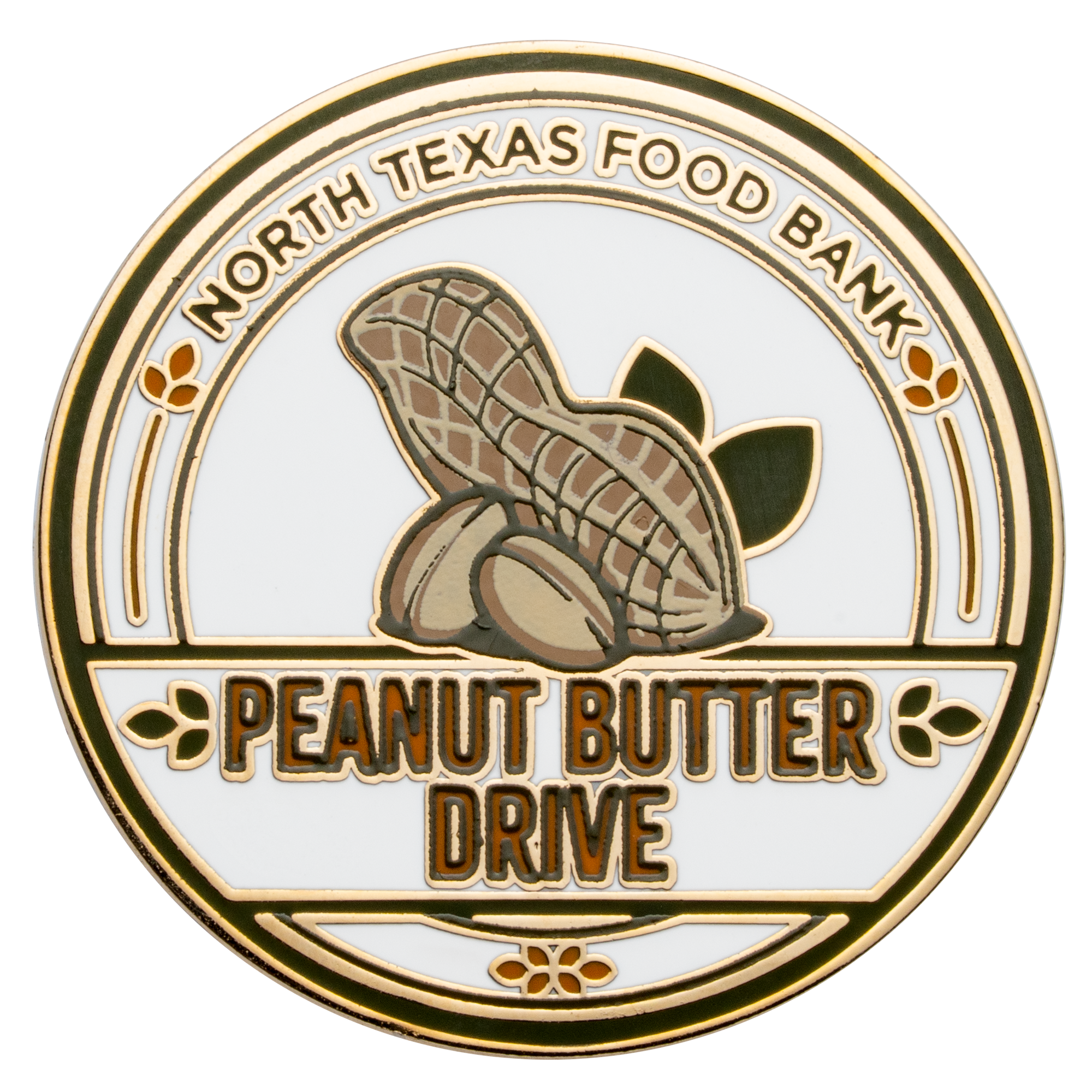 Circular challenge coin for the North Texas Food Bank Peanut Butter Drive featuring a gold and enamel peanut illustration on a white background.
