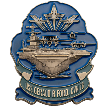 Custom challenge coin featuring the USS Gerald R Ford aircraft carrier with fighter jets and support aircraft on a blue background.